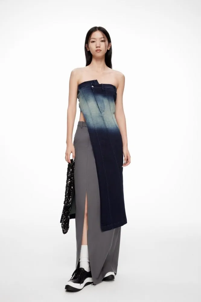 Long Slit Bandeau Acid Wash Denim Top