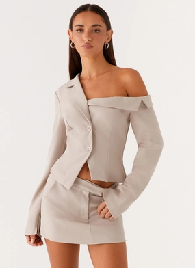 Roll Up Hood Quilted Insulation Looking Good Off Shoulder Blazer - Pebble