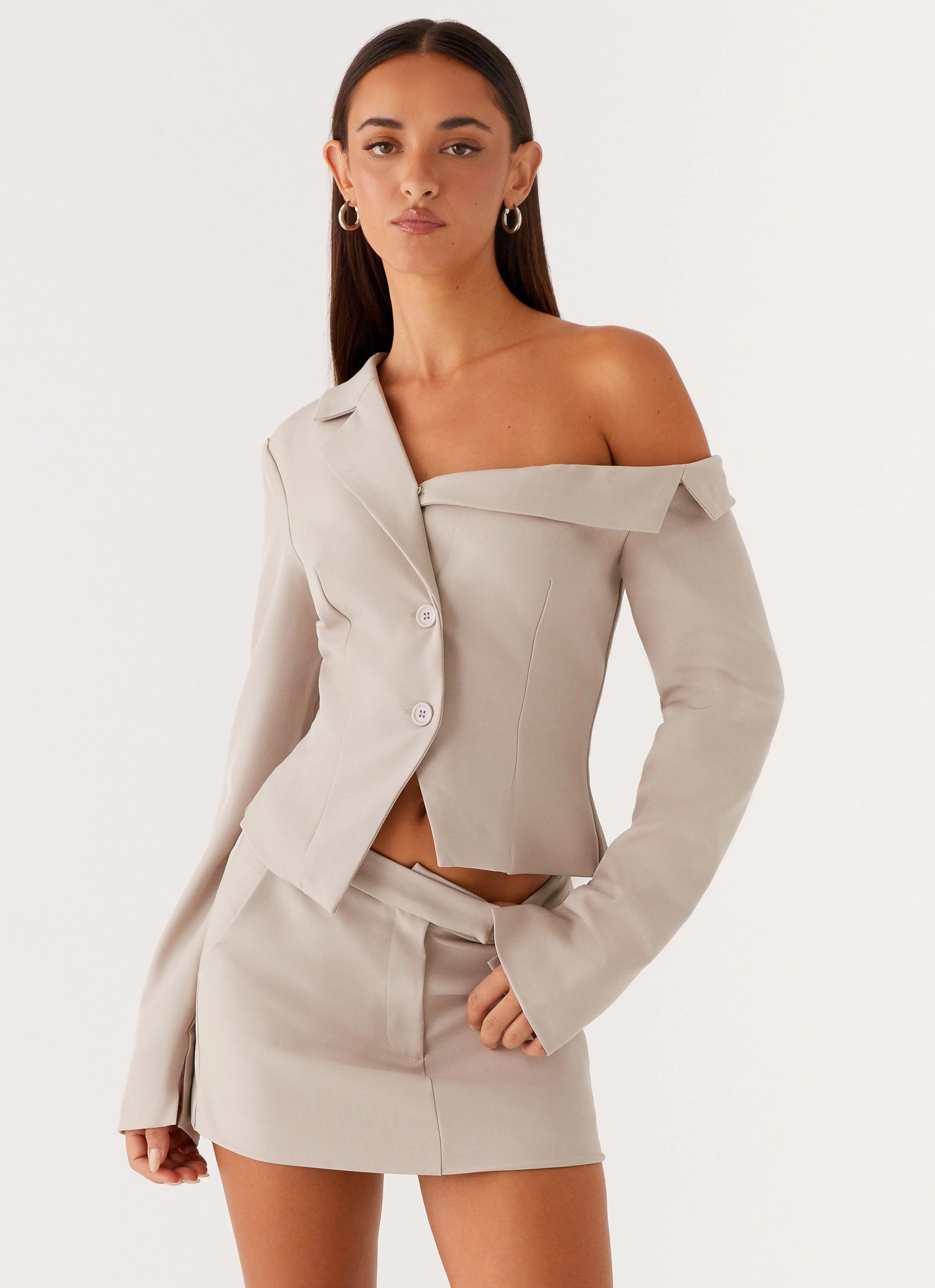 Roll Up Hood Quilted Insulation Looking Good Off Shoulder Blazer - Pebble