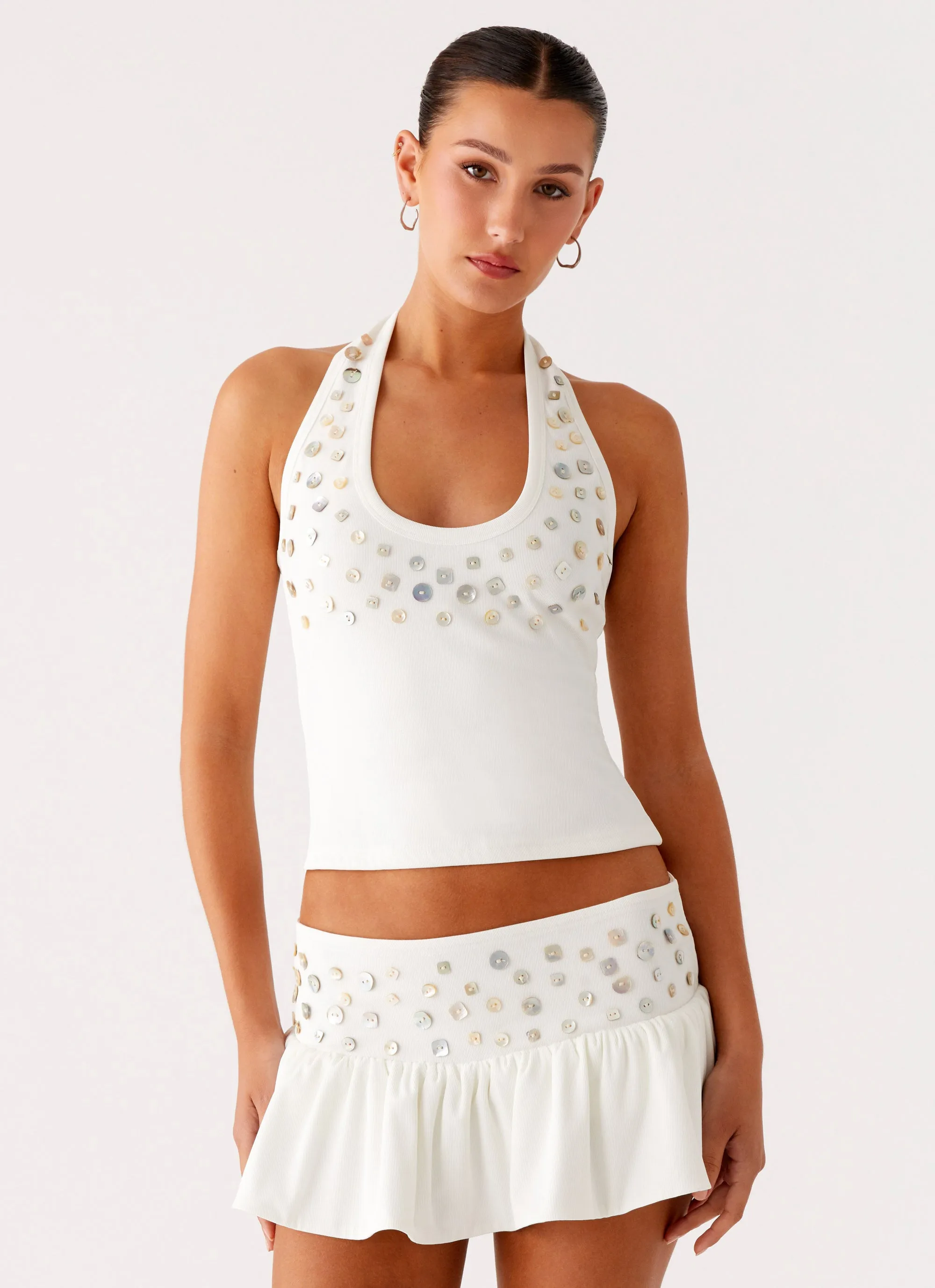 Contrast Stitch Detailing Bamboo Fiber Fabric Vegas Nights Halter Neck Top - White