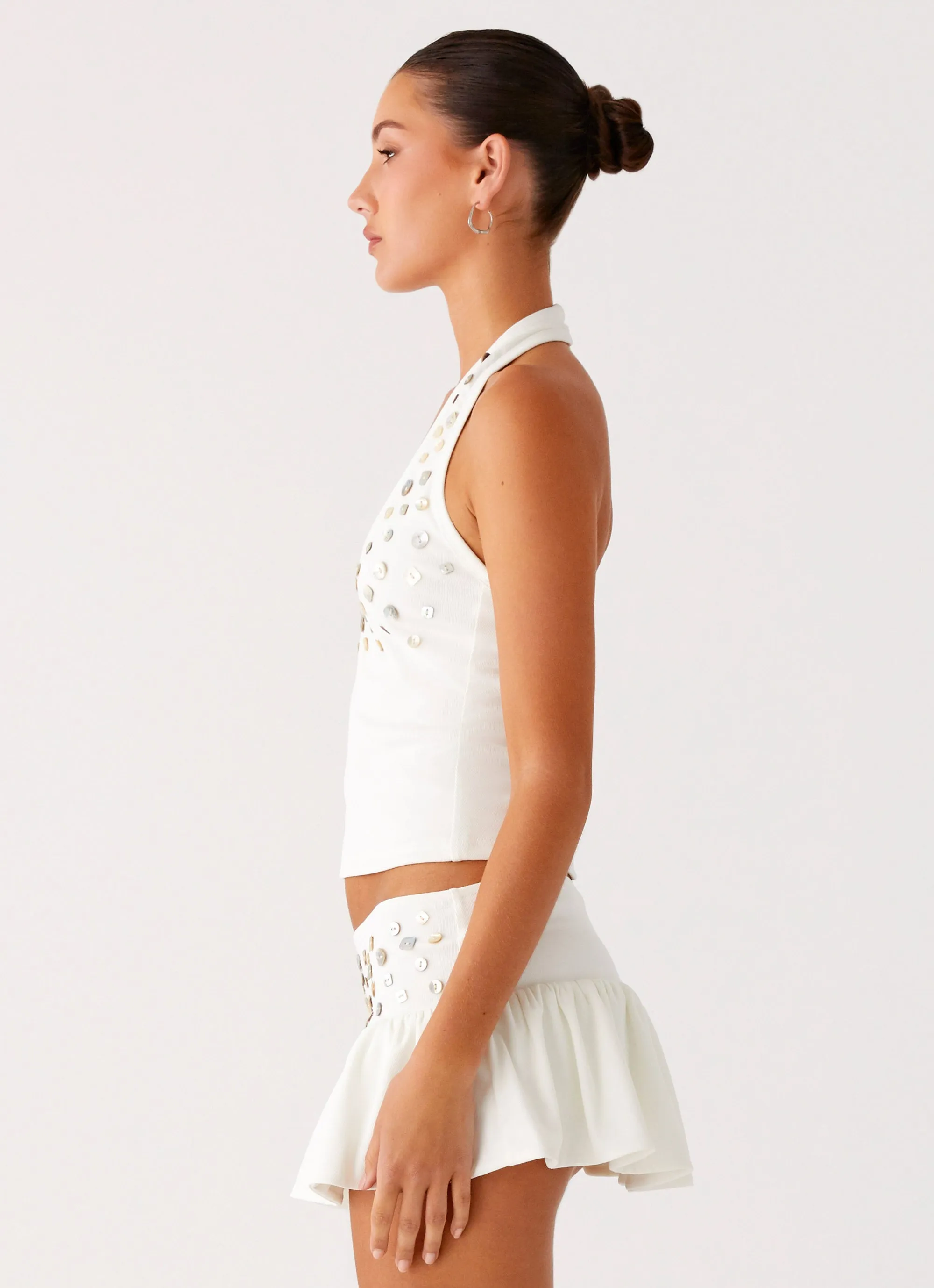 Vegas Nights Halter Neck Top - White NonPill Surface Treatment MultiDirectionalStretch