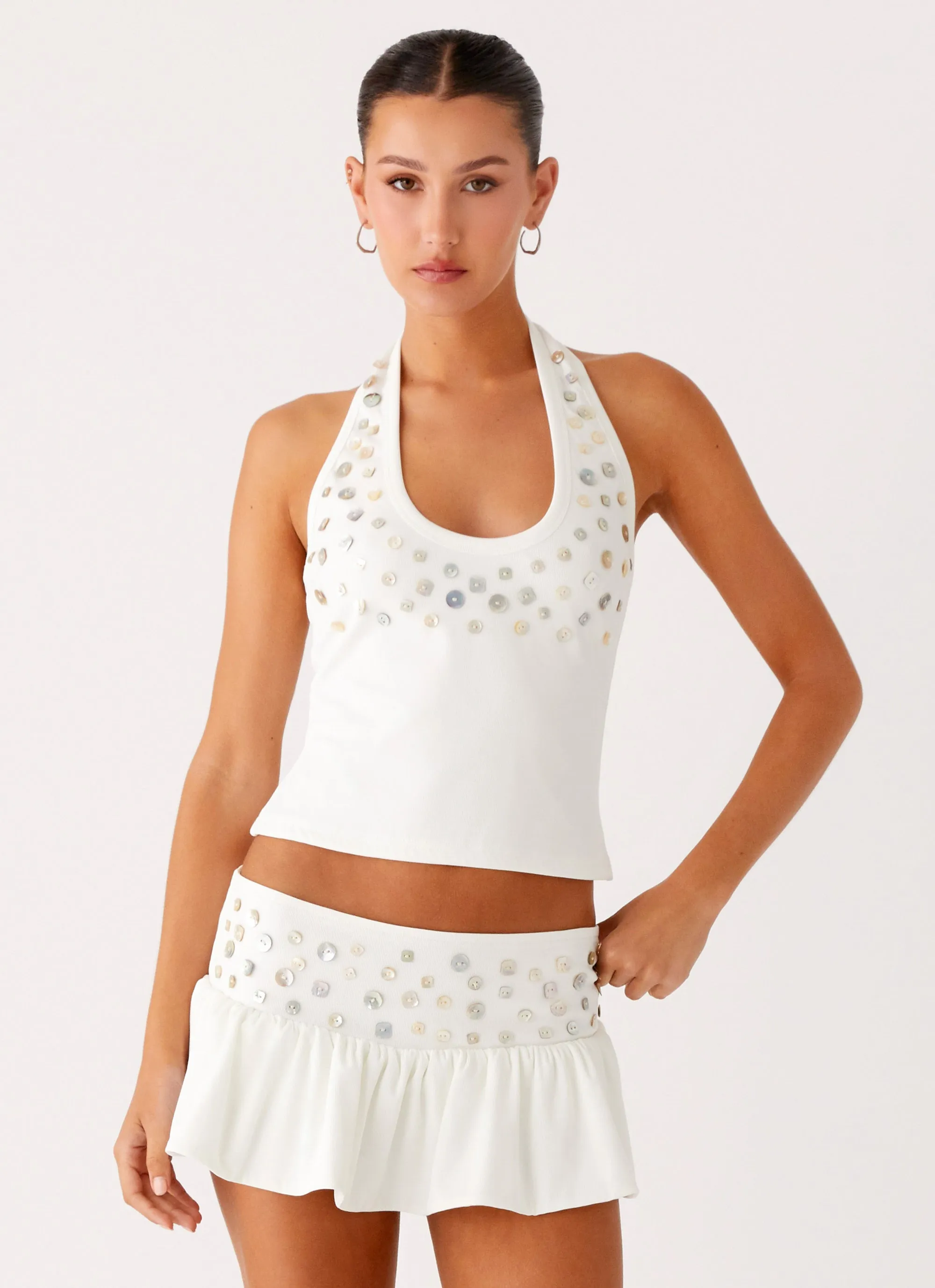 FrictionResistant Trim Vegas Nights Halter Neck Top - White