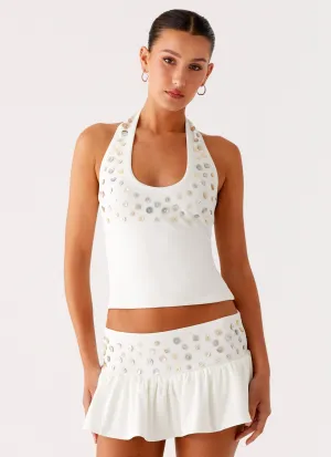 Contrast Stitch Detailing Bamboo Fiber Fabric Vegas Nights Halter Neck Top - White