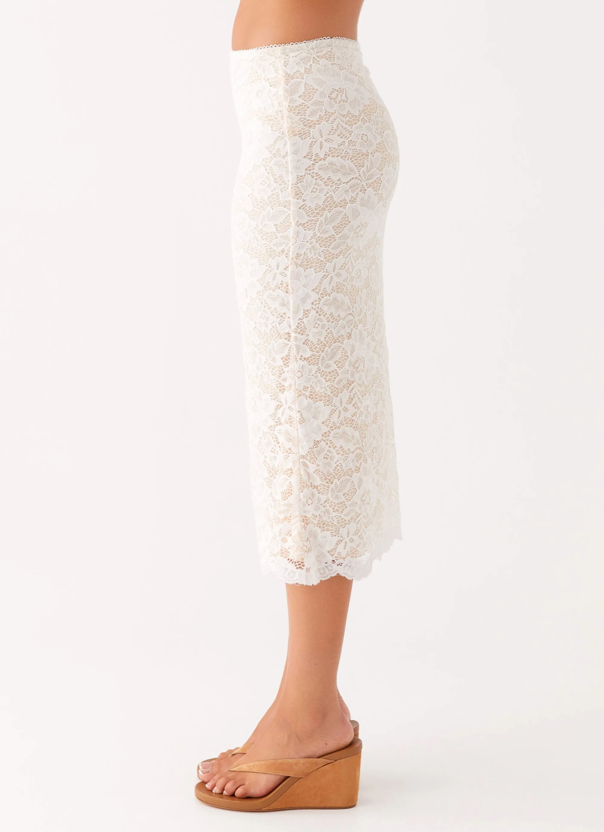 Crystal Clear Lace Midi Skirt - Ivory Crisscross Back