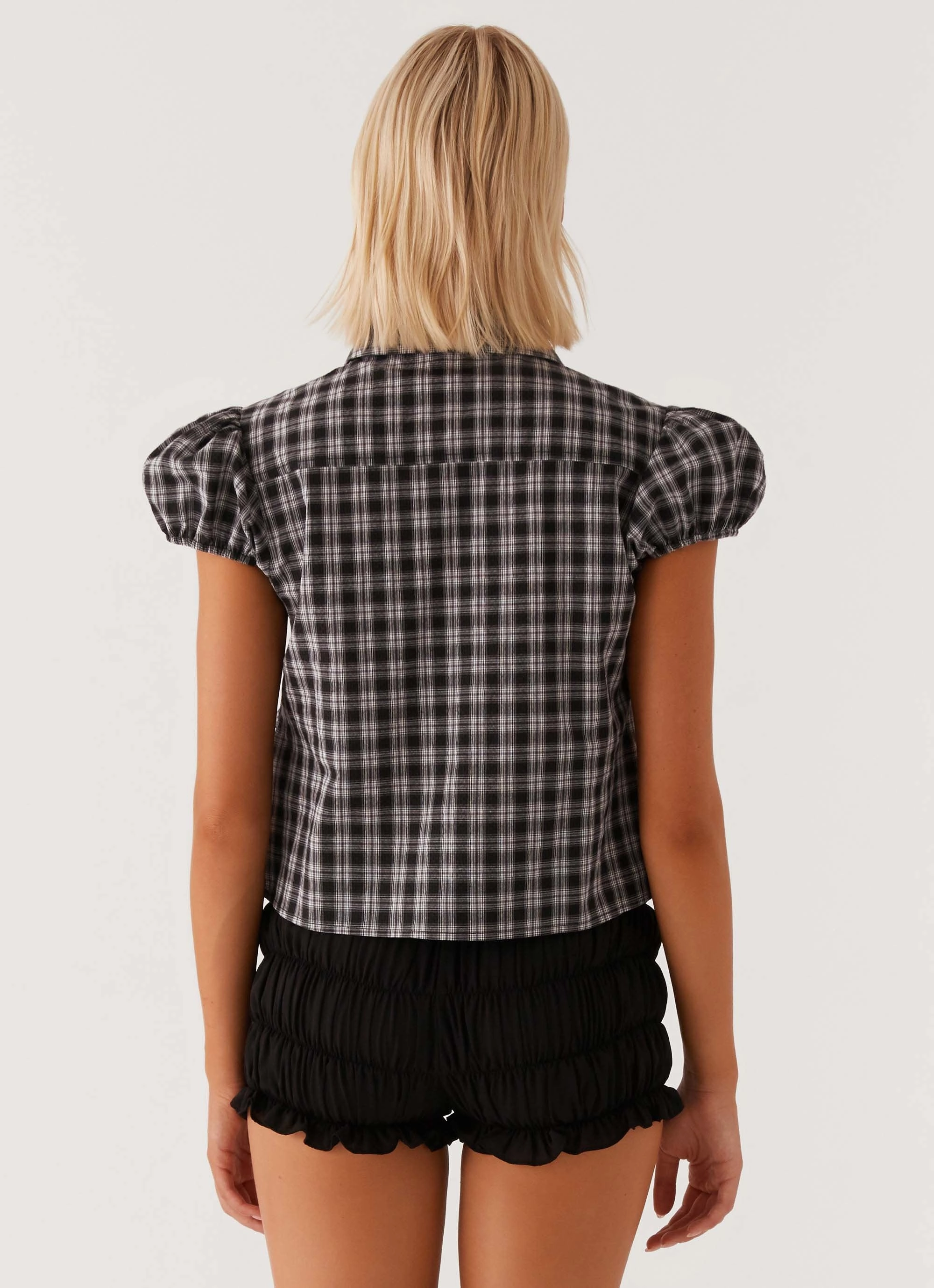Lorraine Puff Sleeve Top - Black White Check Contrast Stitch Detailing