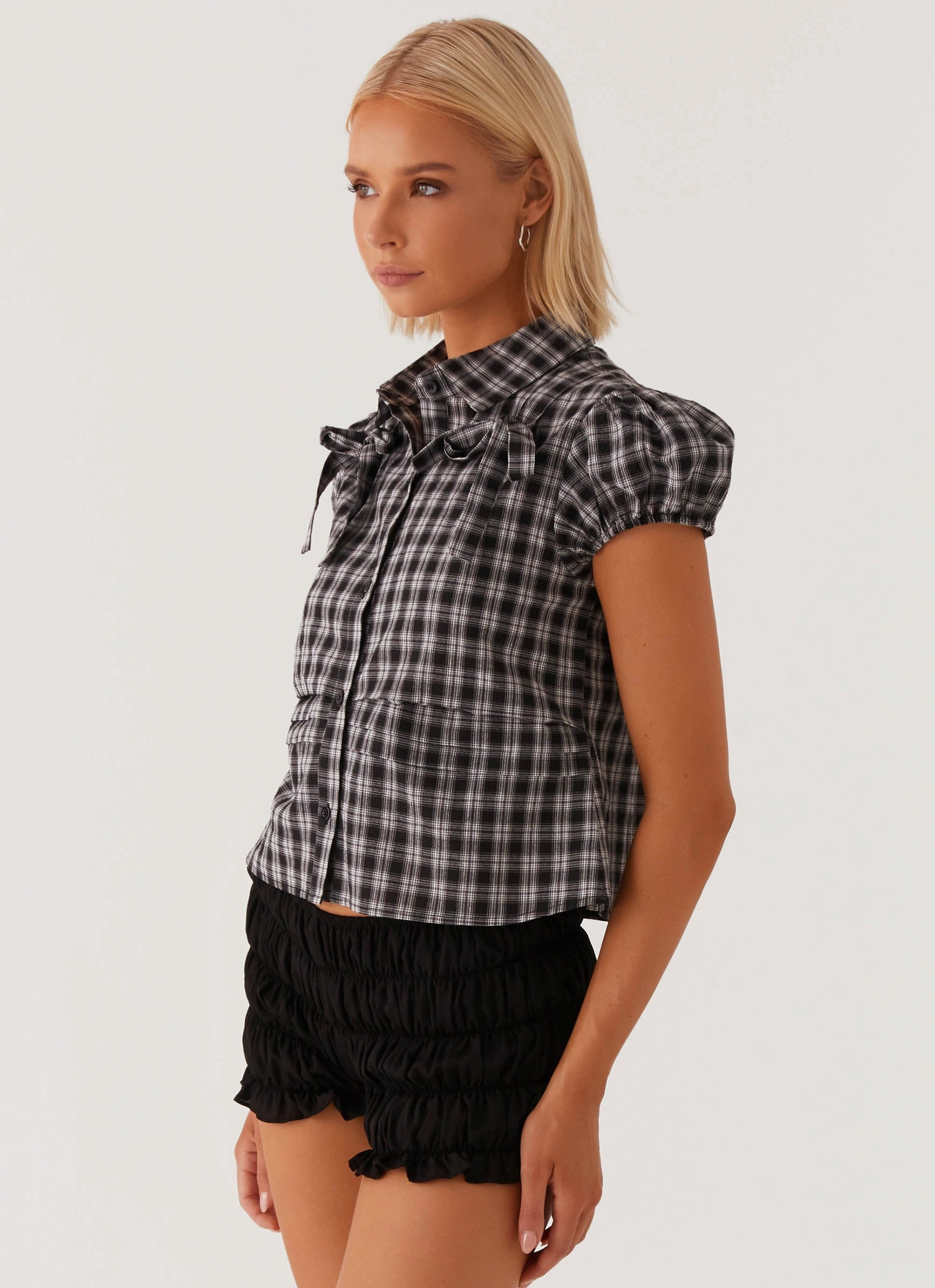 Ethically Sourced Yarn Lorraine Puff Sleeve Top - Black White Check