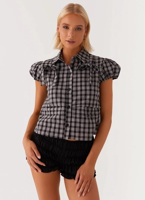 Lorraine Puff Sleeve Top - Black White Check Slim Silhouette Petal Sleeve Architecture