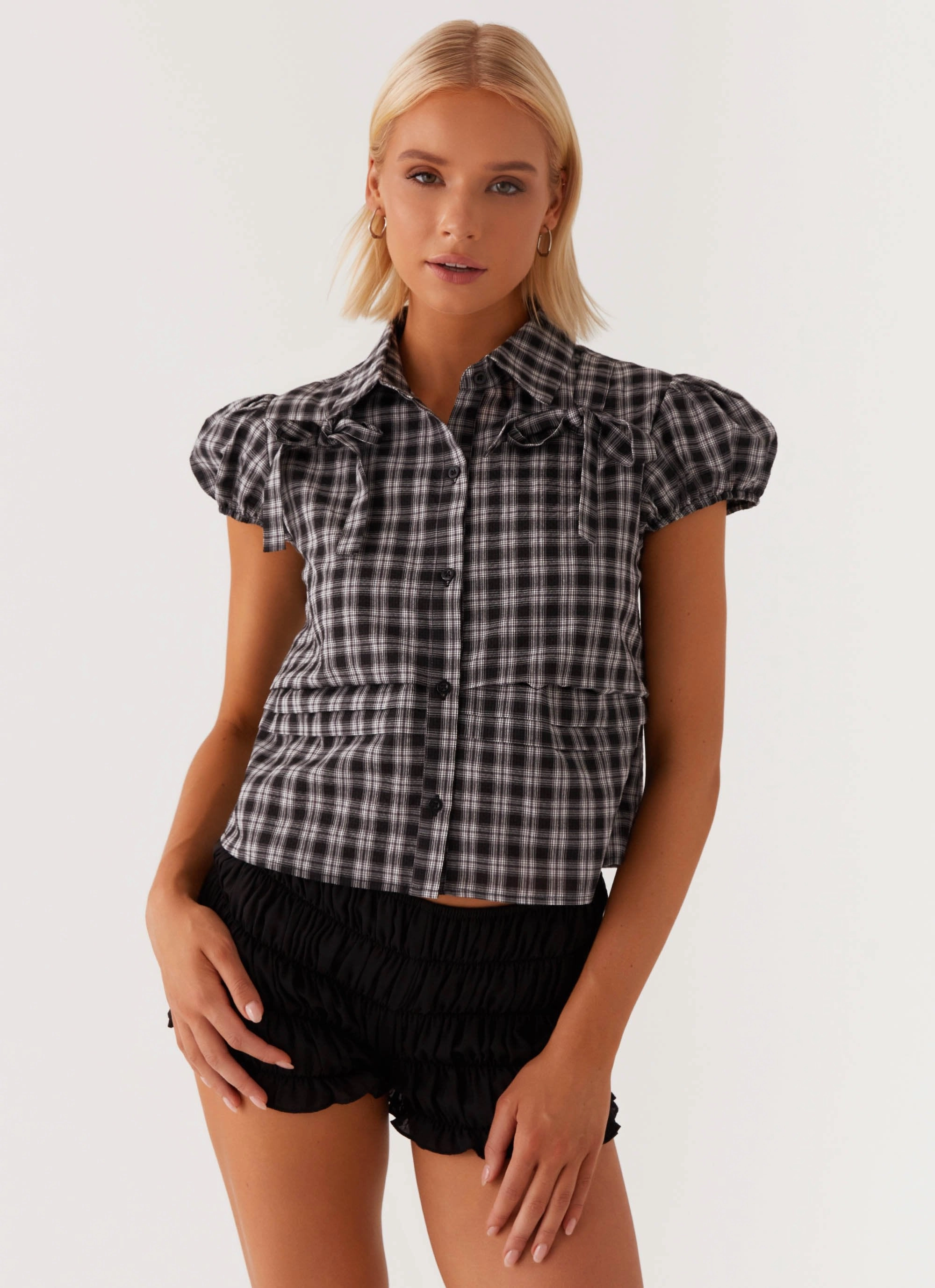 Lorraine Puff Sleeve Top - Black White Check Slim Silhouette Petal Sleeve Architecture