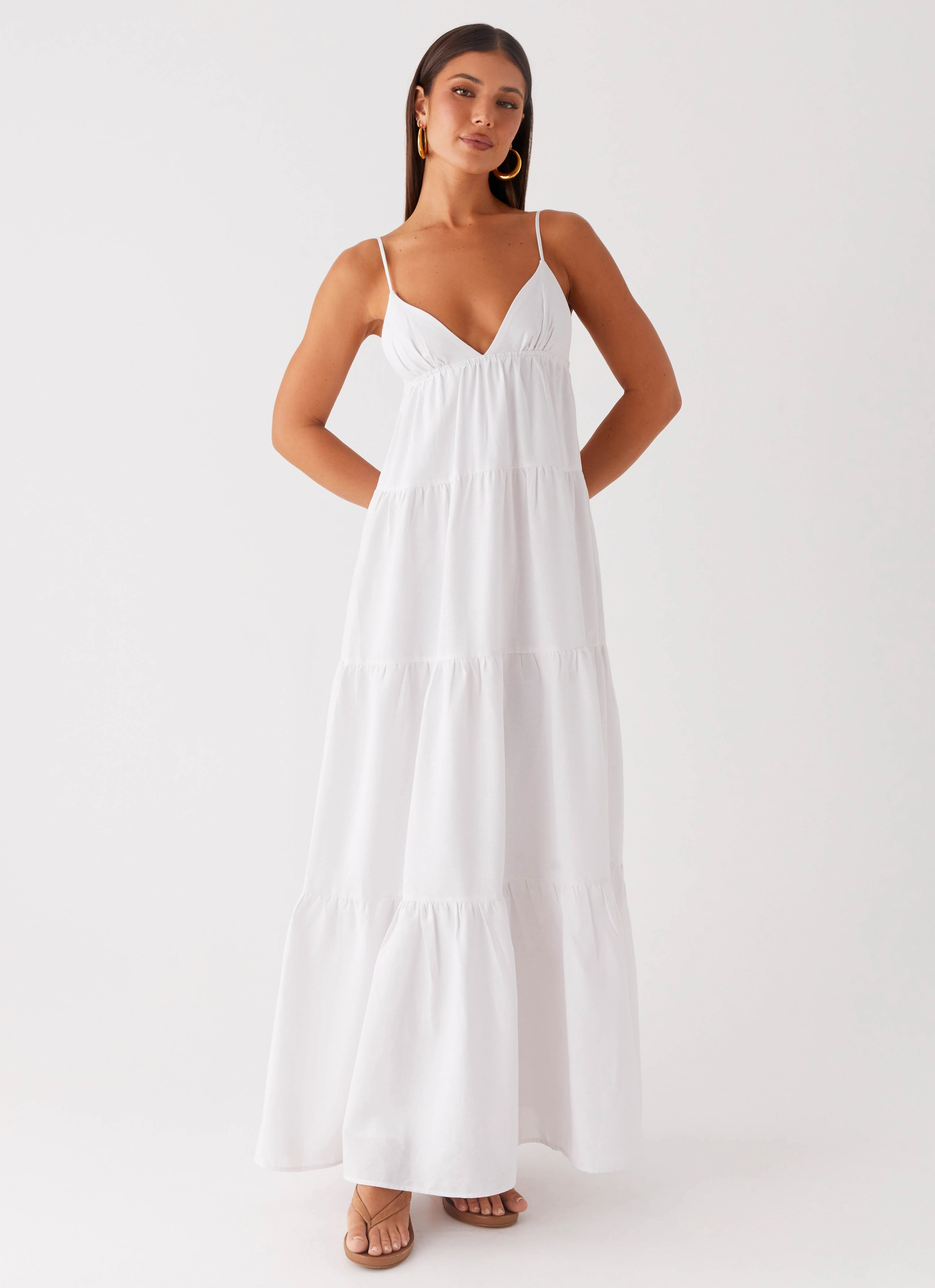 Breath Soft Draped Fabric Lotty Linen Maxi Dress - White