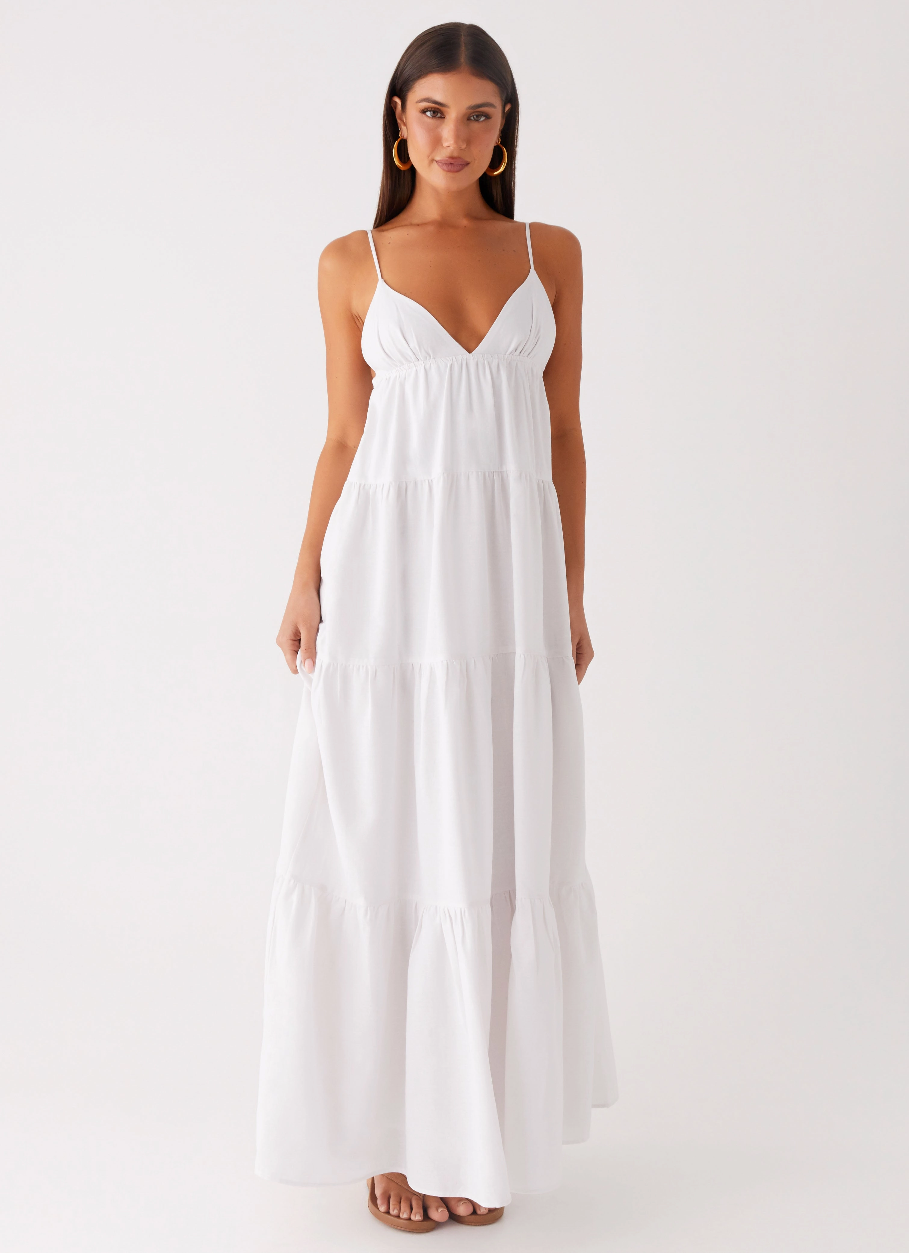 Lotty Linen Maxi Dress - White City Mood Flare Hem