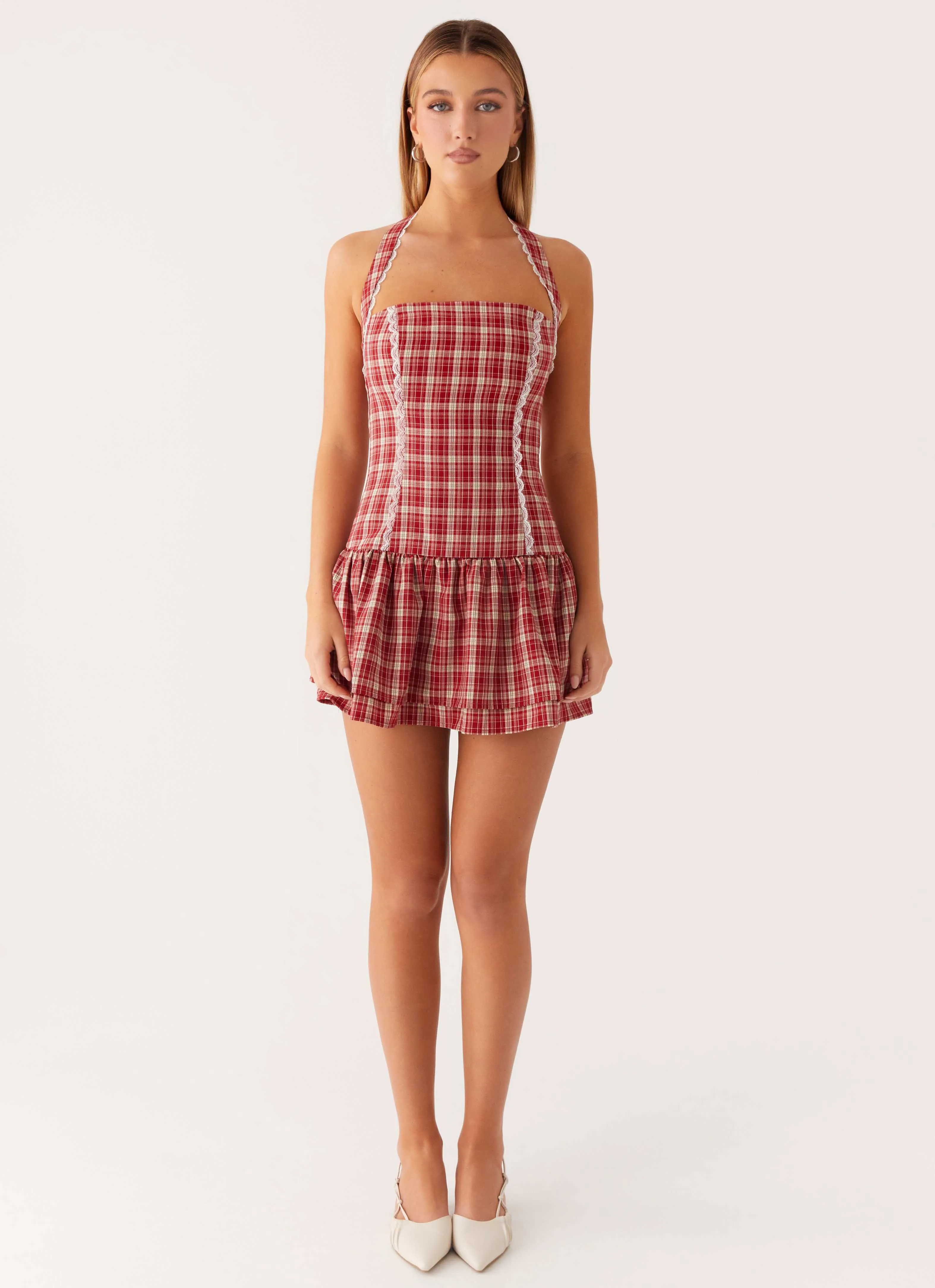 Premium Pima Cotton Tailored Cut Lotus Dream Mini Dress - Ruby Check