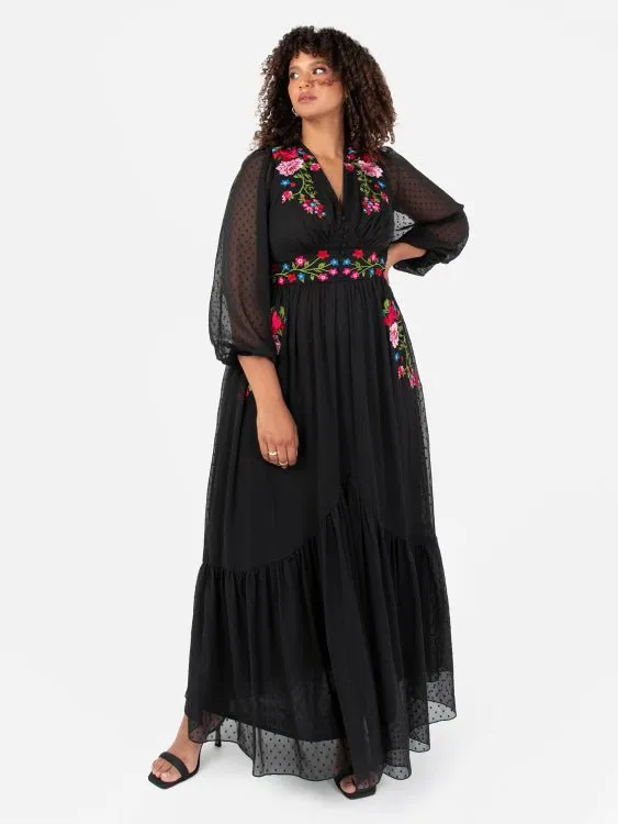 Lovedrobe Luxe Plus Size Black Floral Embroidered Maxi Dress