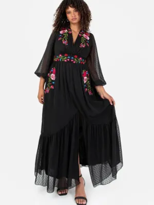 Lovedrobe Luxe Plus Size Black Floral Embroidered Maxi Dress
