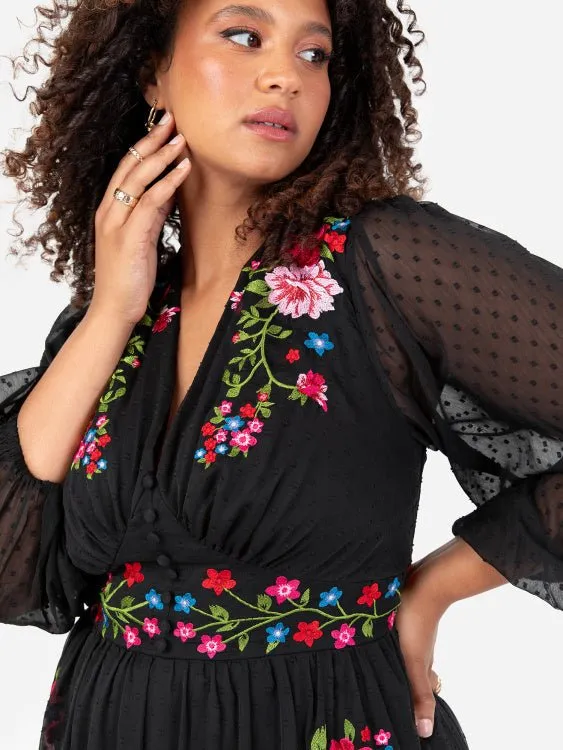 Lovedrobe Luxe Plus Size Black Floral Embroidered Maxi Dress