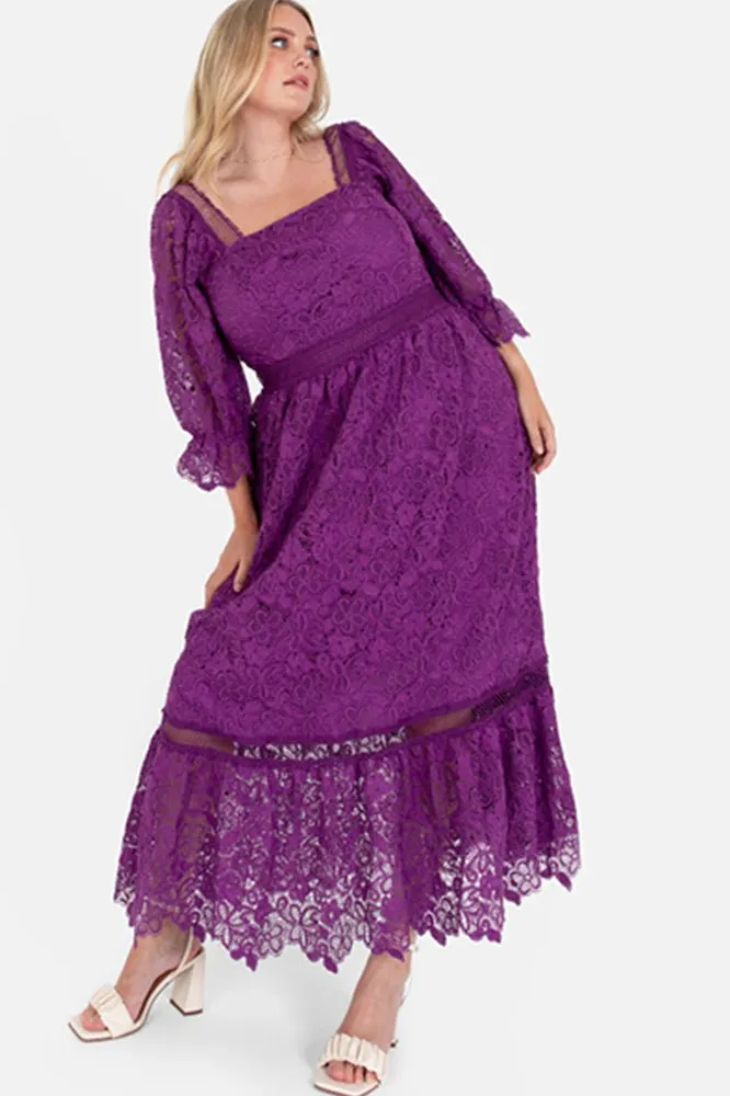 Lovedrobe Luxe Plus Size Purple Floral Lace Midaxi Dress