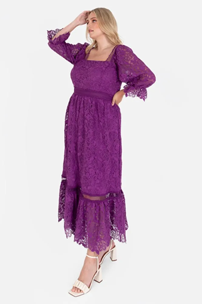 Lovedrobe Luxe Plus Size Purple Floral Lace Midaxi Dress