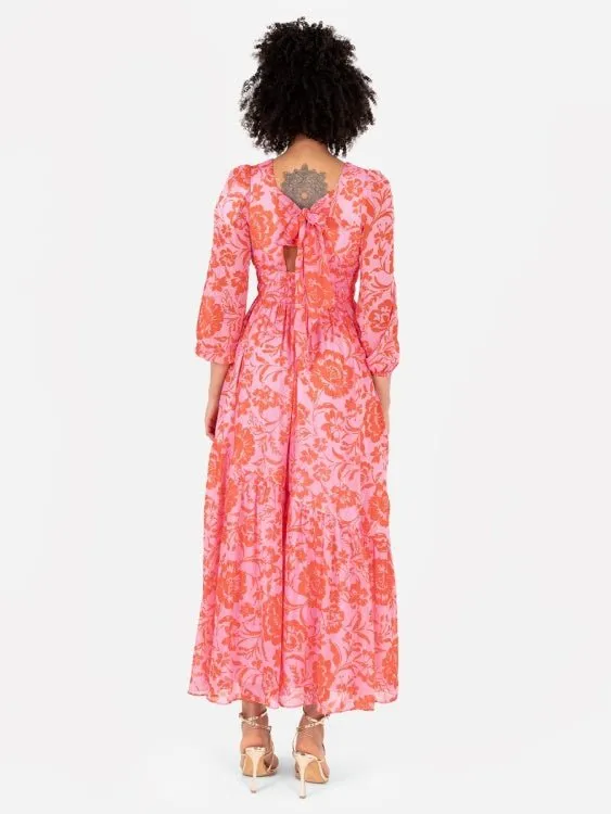 Lovedrobe Pink Floral Long Sleeve Maxi Dress With Self-Tie Back