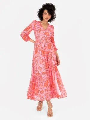 Lovedrobe Pink Floral Long Sleeve Maxi Dress With Self-Tie Back