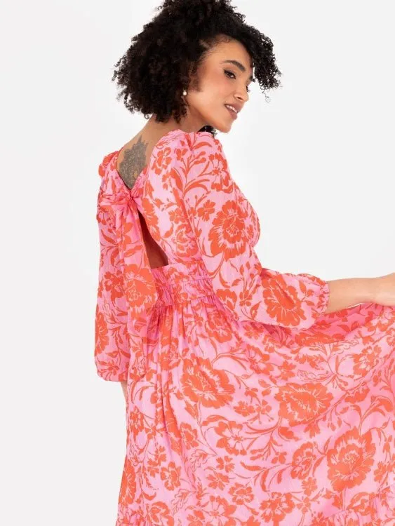 Lovedrobe Pink Floral Long Sleeve Maxi Dress With Self-Tie Back