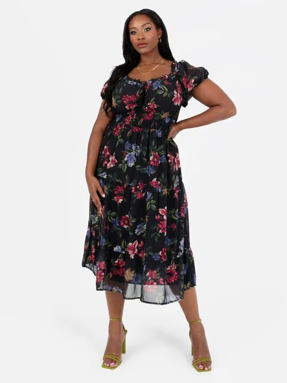 Lovedrobe Plus Size Floral Print Sweetheart Neck Midi Dress
