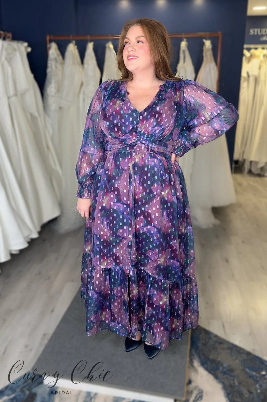 Lovedrobe Purple Long Sleeve Midi Dress With Silver Dobby Detail