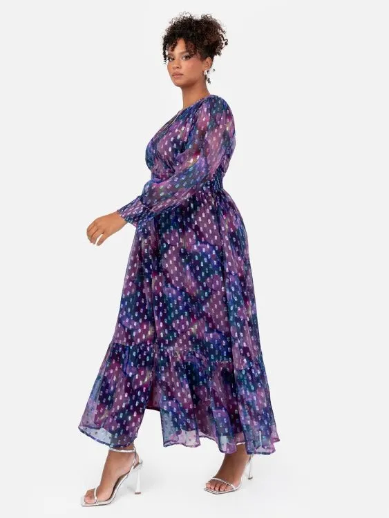 Lovedrobe Purple Long Sleeve Midi Dress With Silver Dobby Detail