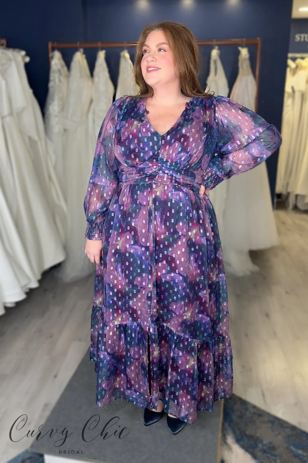Lovedrobe Purple Long Sleeve Midi Dress With Silver Dobby Detail