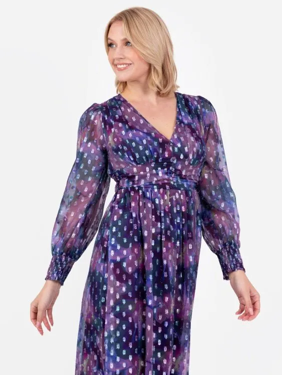 Lovedrobe Purple Long Sleeve Midi Dress With Silver Dobby Detail