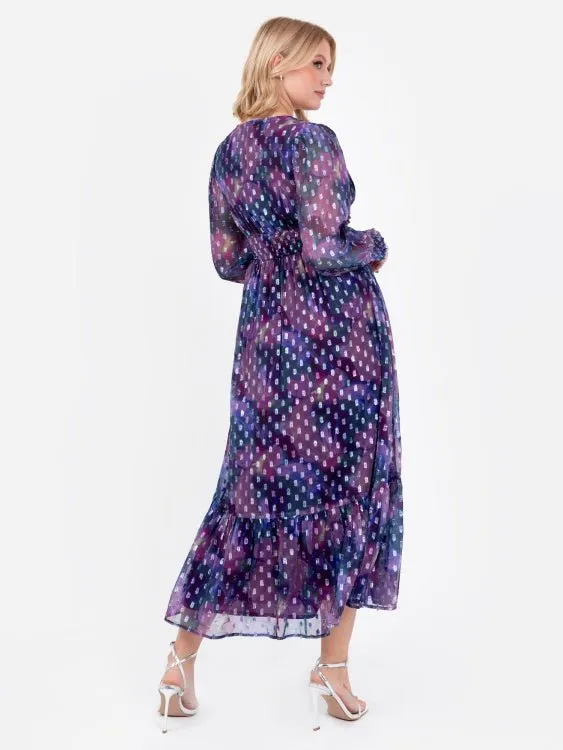 Lovedrobe Purple Long Sleeve Midi Dress With Silver Dobby Detail