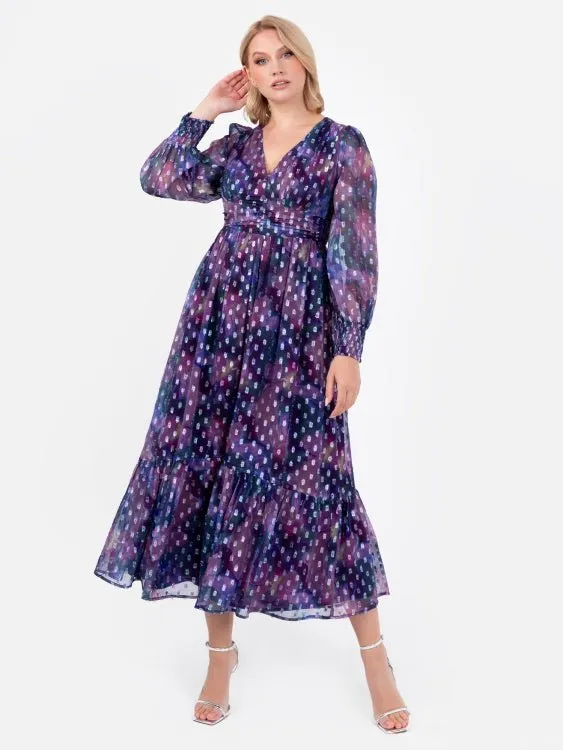 Lovedrobe Purple Long Sleeve Midi Dress With Silver Dobby Detail