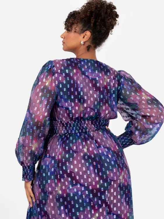 Lovedrobe Purple Long Sleeve Midi Dress With Silver Dobby Detail