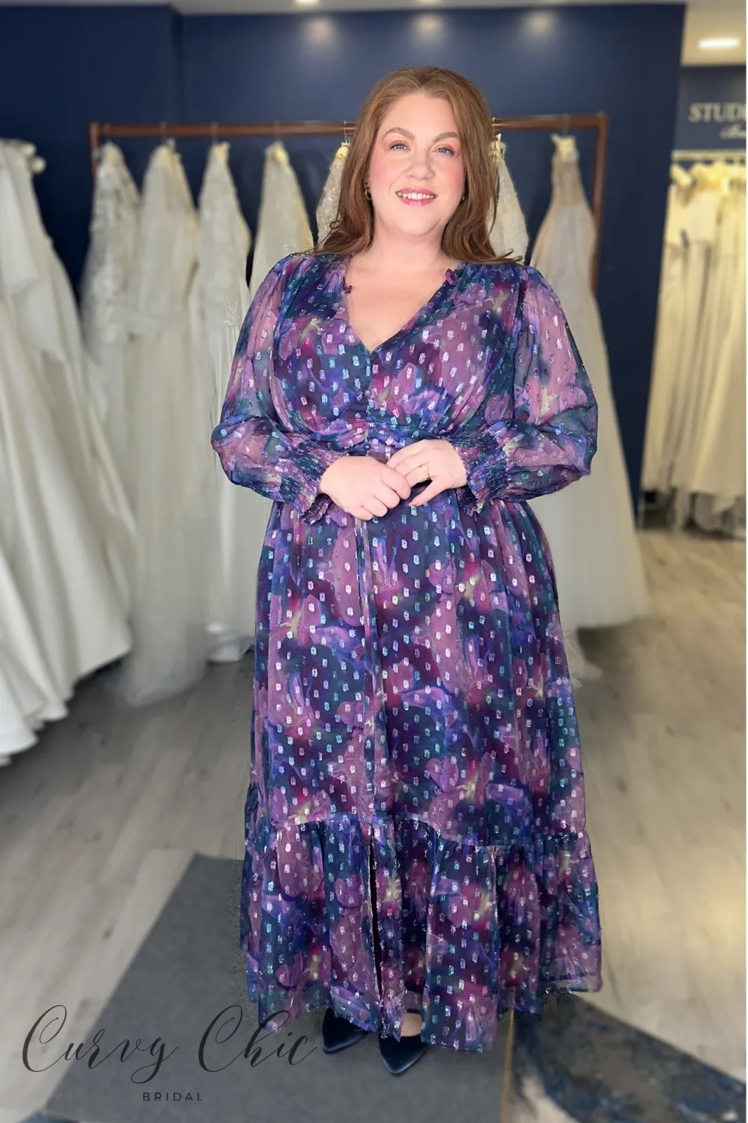 Lovedrobe Purple Long Sleeve Midi Dress With Silver Dobby Detail