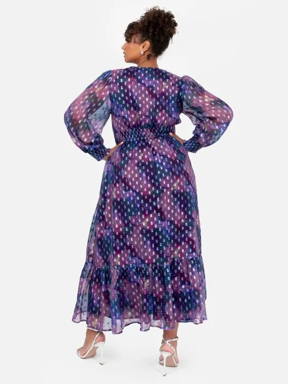 Lovedrobe Purple Long Sleeve Midi Dress With Silver Dobby Detail