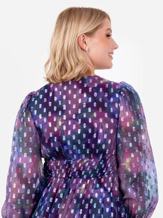 Lovedrobe Purple Long Sleeve Midi Dress With Silver Dobby Detail
