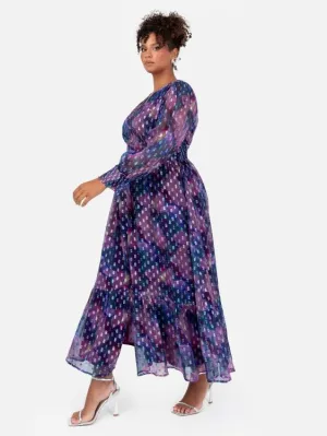 Lovedrobe Purple Long Sleeve Midi Dress With Silver Dobby Detail