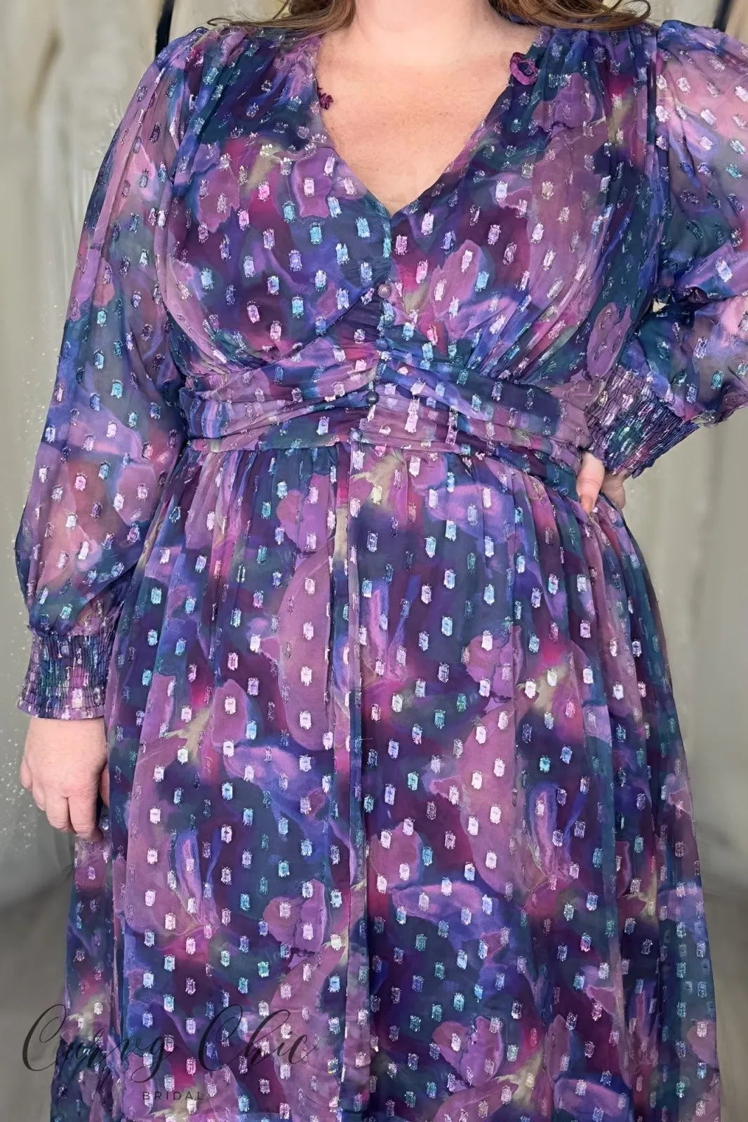 Lovedrobe Purple Long Sleeve Midi Dress With Silver Dobby Detail