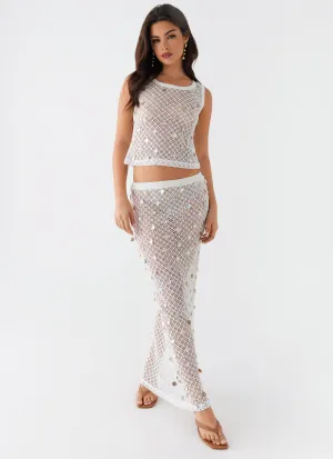 Lovina Shell Knit Maxi Skirt - White Compression Panel Lovina Shell Knit Maxi Skirt - White Draped Design Classic Comfort