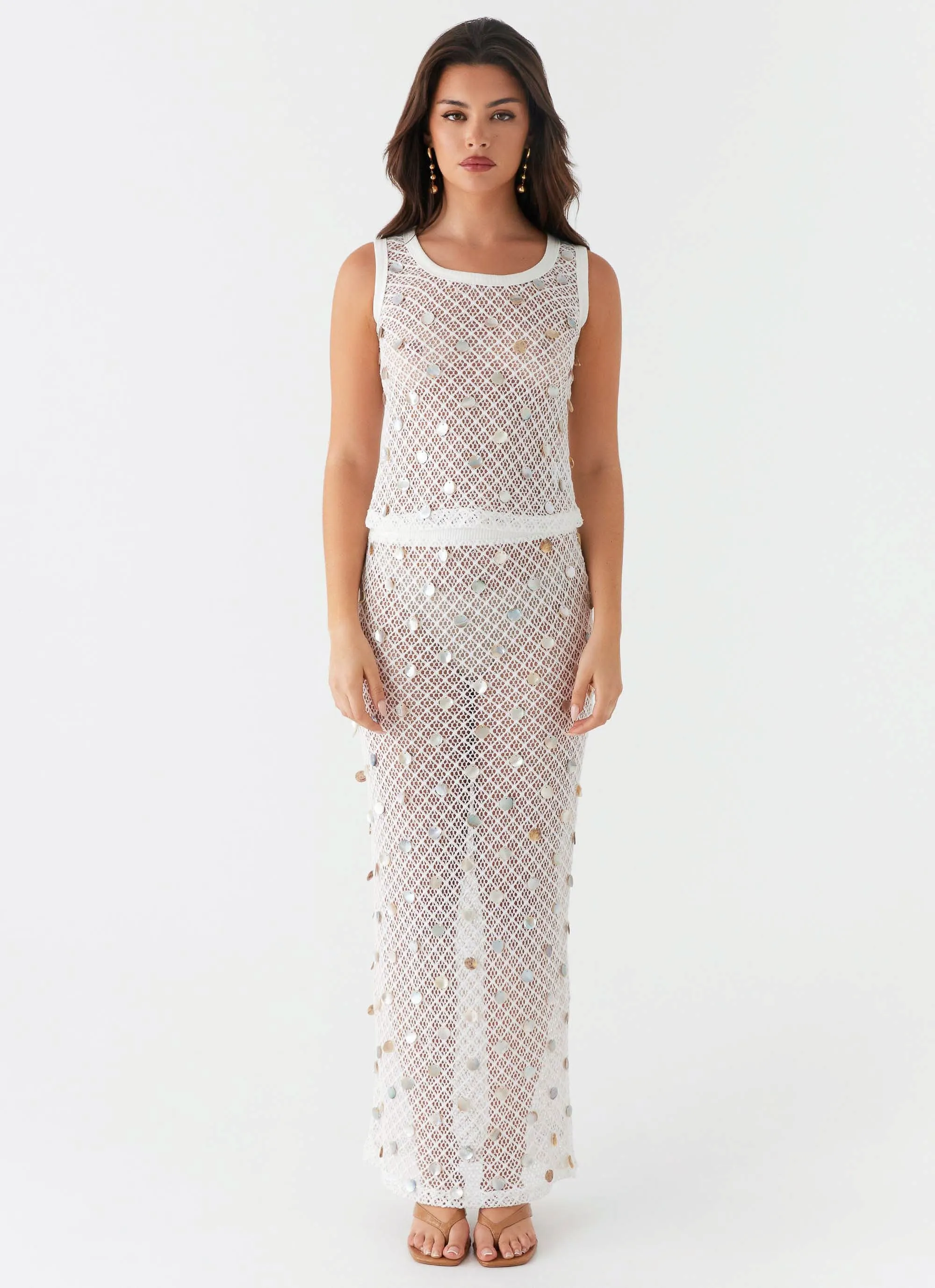 Trendy Mood Travel Friendly Lovina Shell Knit Maxi Skirt - White