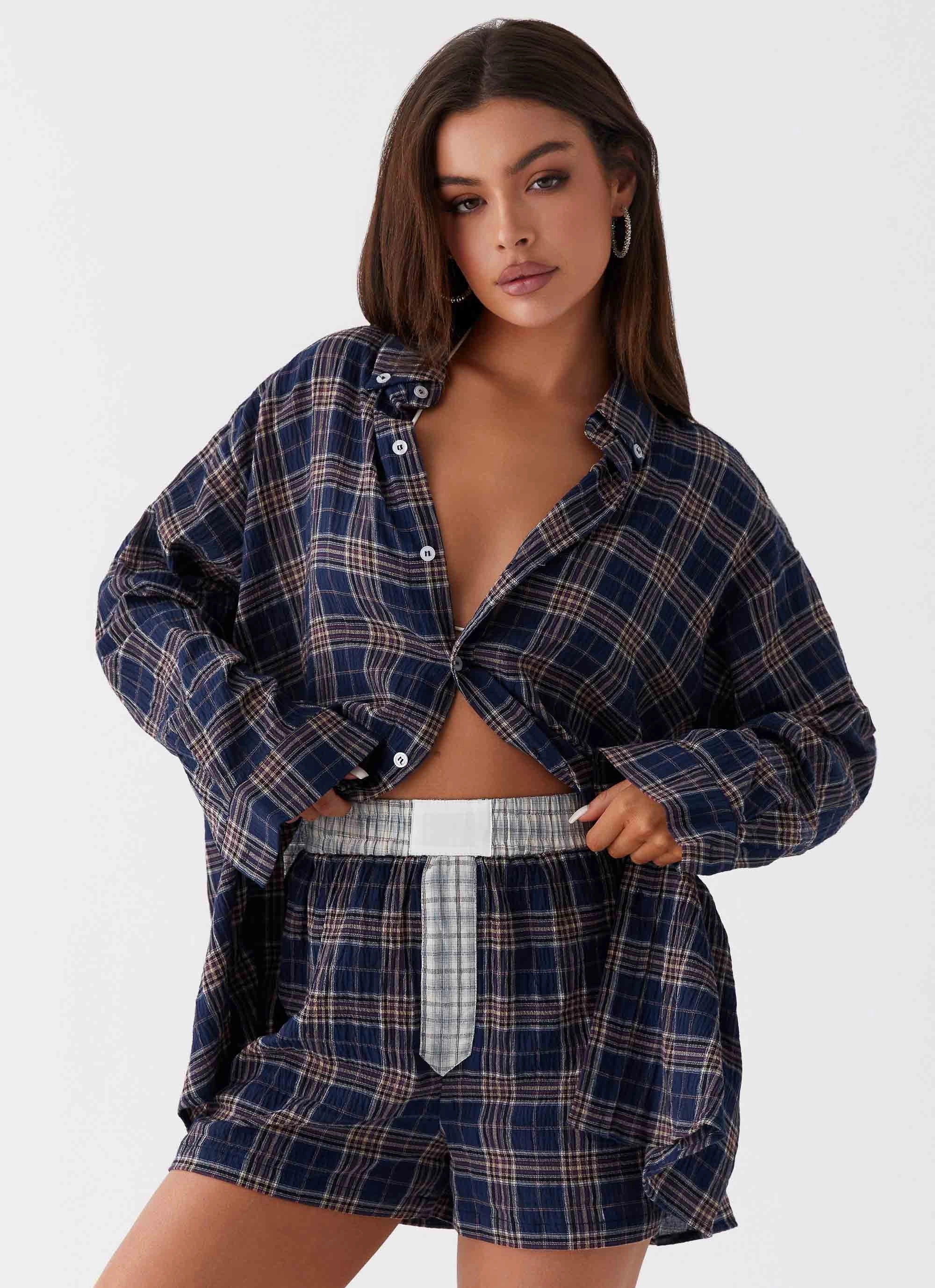 Harley Oversized Shirt - Navy Check Adjustable Hood