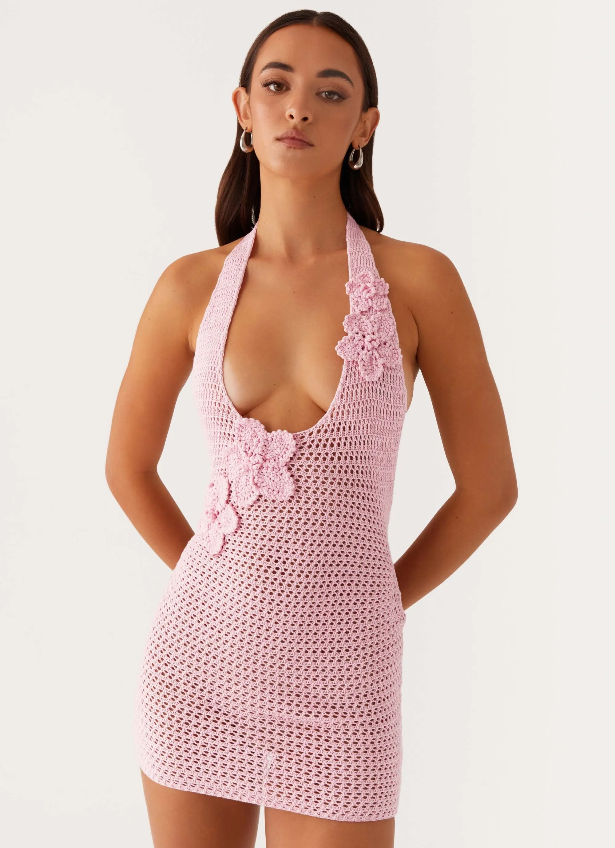 Party Ready Solid Color Luciana Crochet Halterneck Mini Dress - Pink