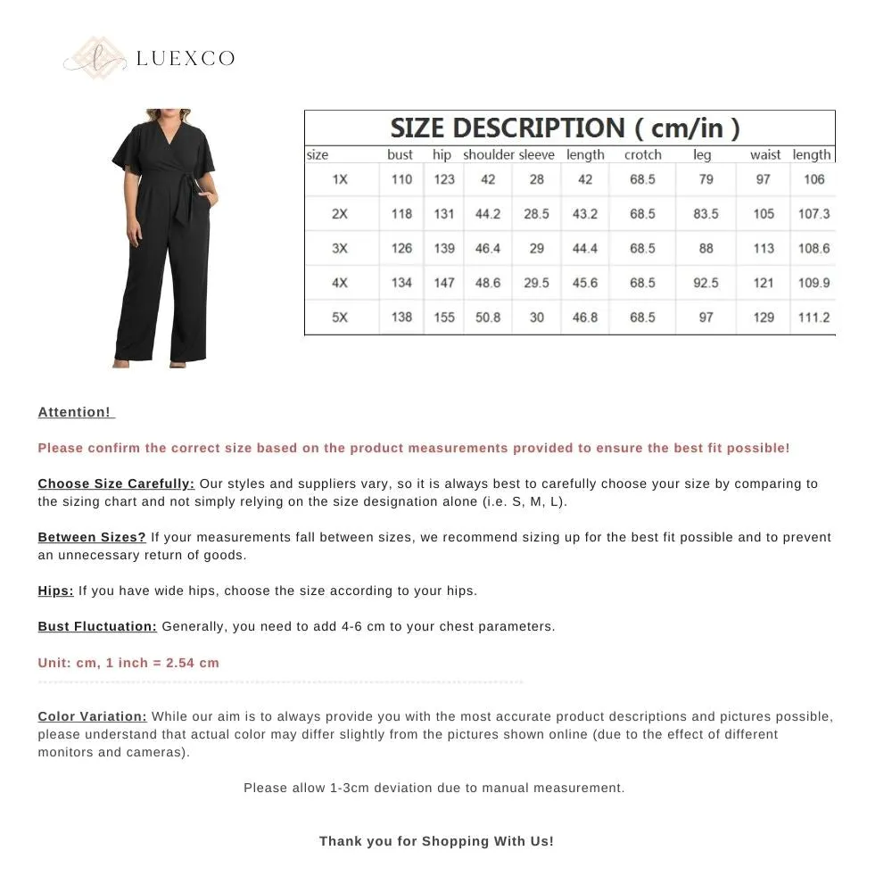 Luexco Women's Strap Waist Wrapped Jumpsuit Black Plus V-Neck Short Sleeve