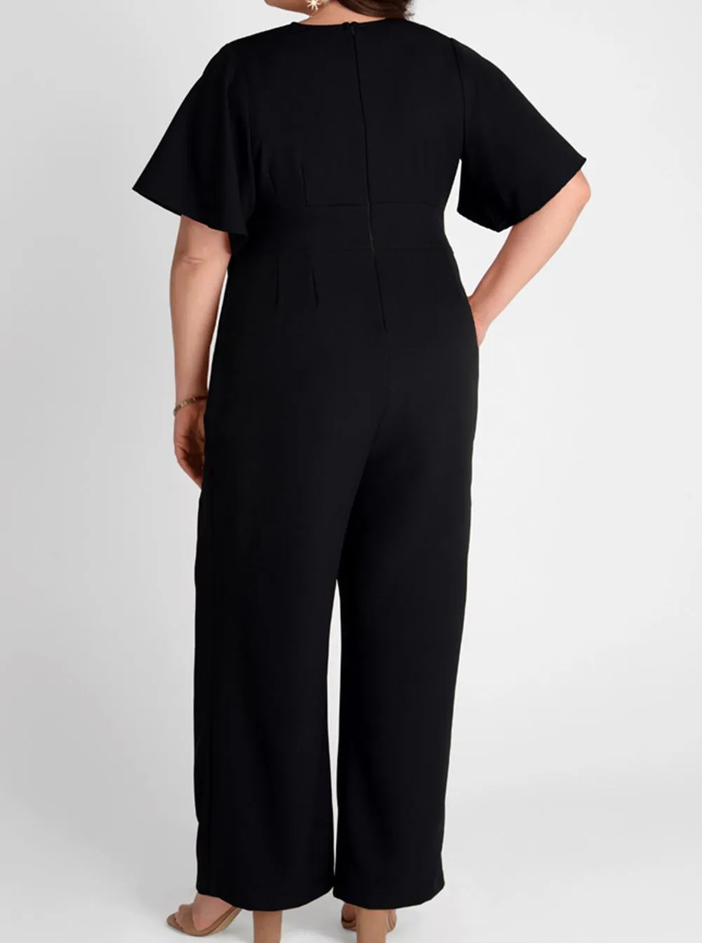 Luexco Women's Strap Waist Wrapped Jumpsuit Black Plus V-Neck Short Sleeve