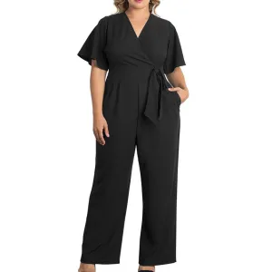 Luexco Women's Strap Waist Wrapped Jumpsuit Black Plus V-Neck Short Sleeve