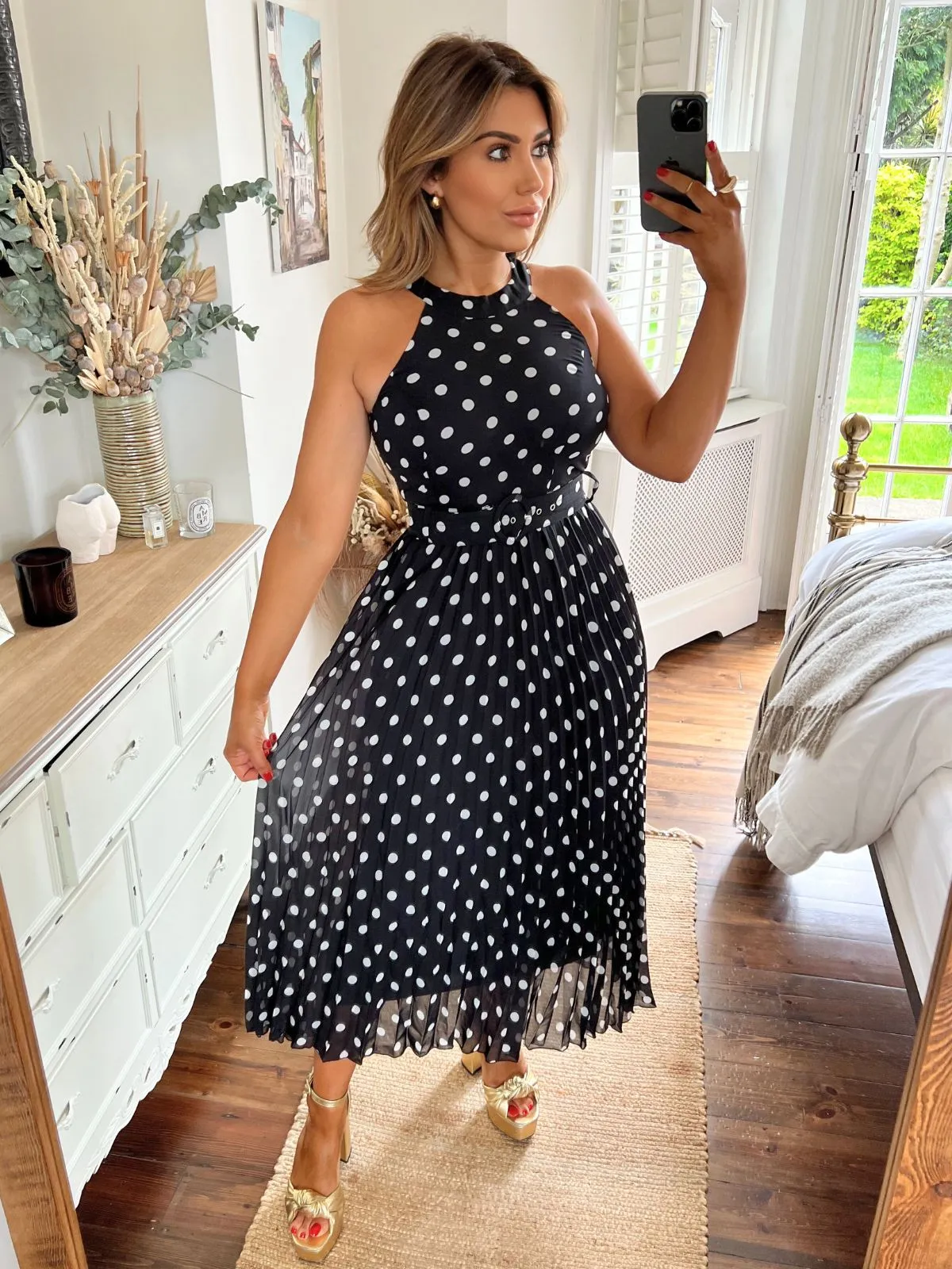 Luisa Belted Pleated Maxi Dress / Mono Spot Print Wrap style Feminine Style