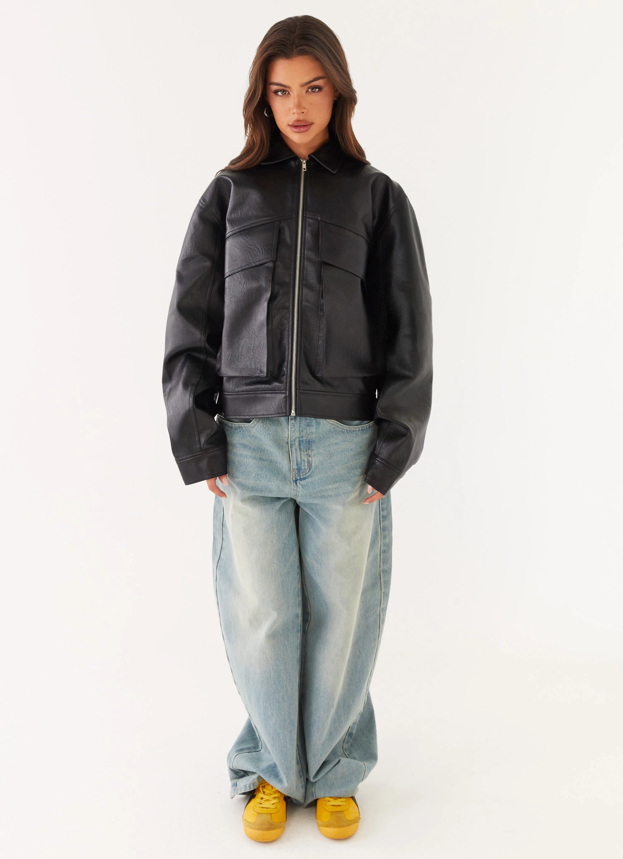 BreathableFabric Lula Faux Leather Bomber Jacket - Black