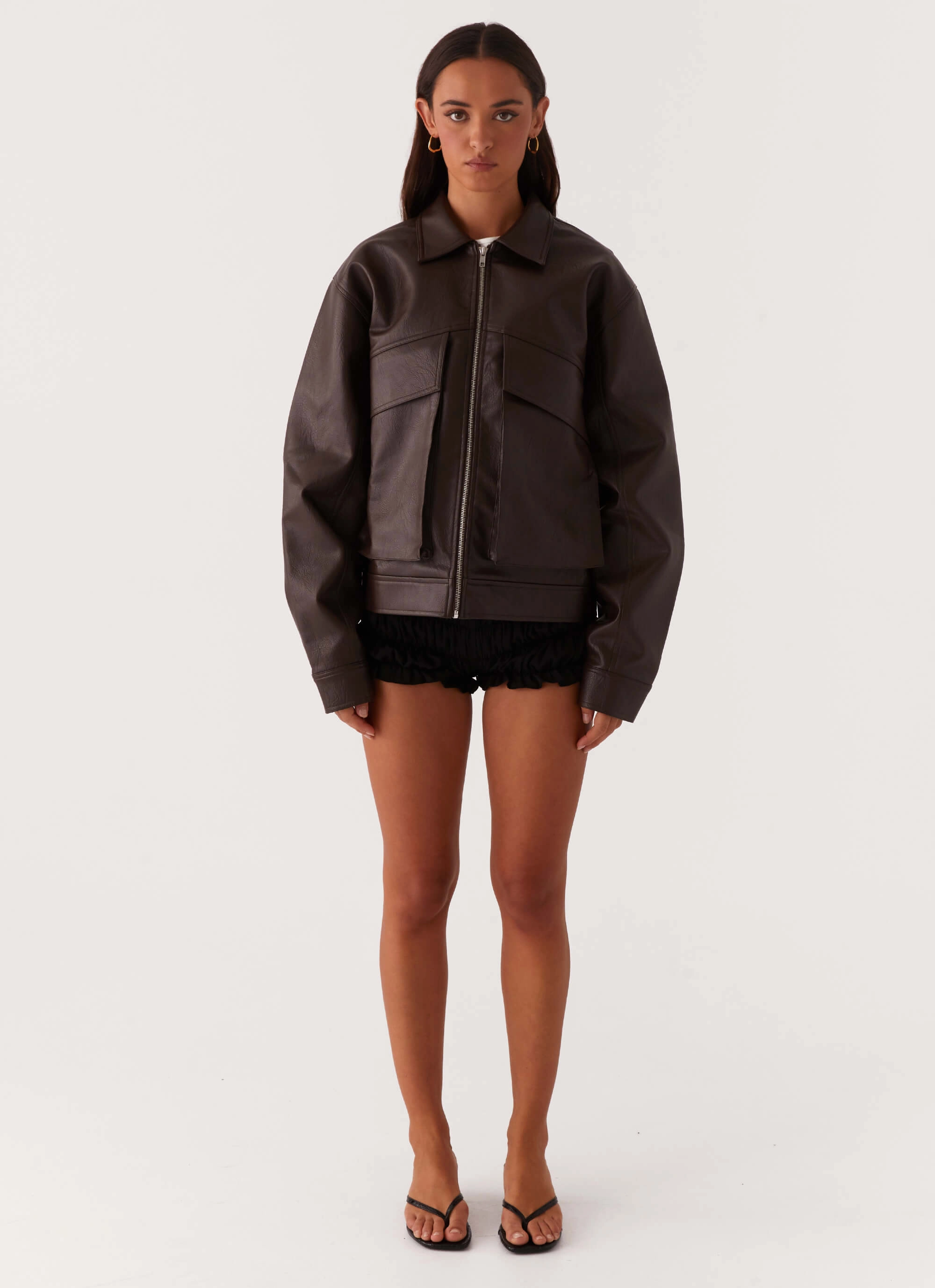 Outdoor Trip Lula Faux Leather Bomber Jacket - Chocolate