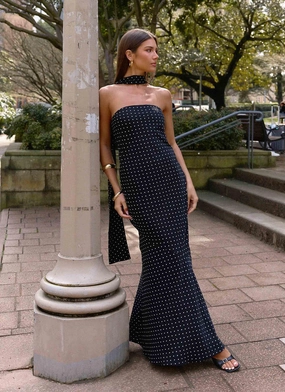 Luxurious Comfort Under The Pagoda Maxi Dress - Black Polkadot Sculpted Detail Under The Pagoda Maxi Dress - Black Polkadot