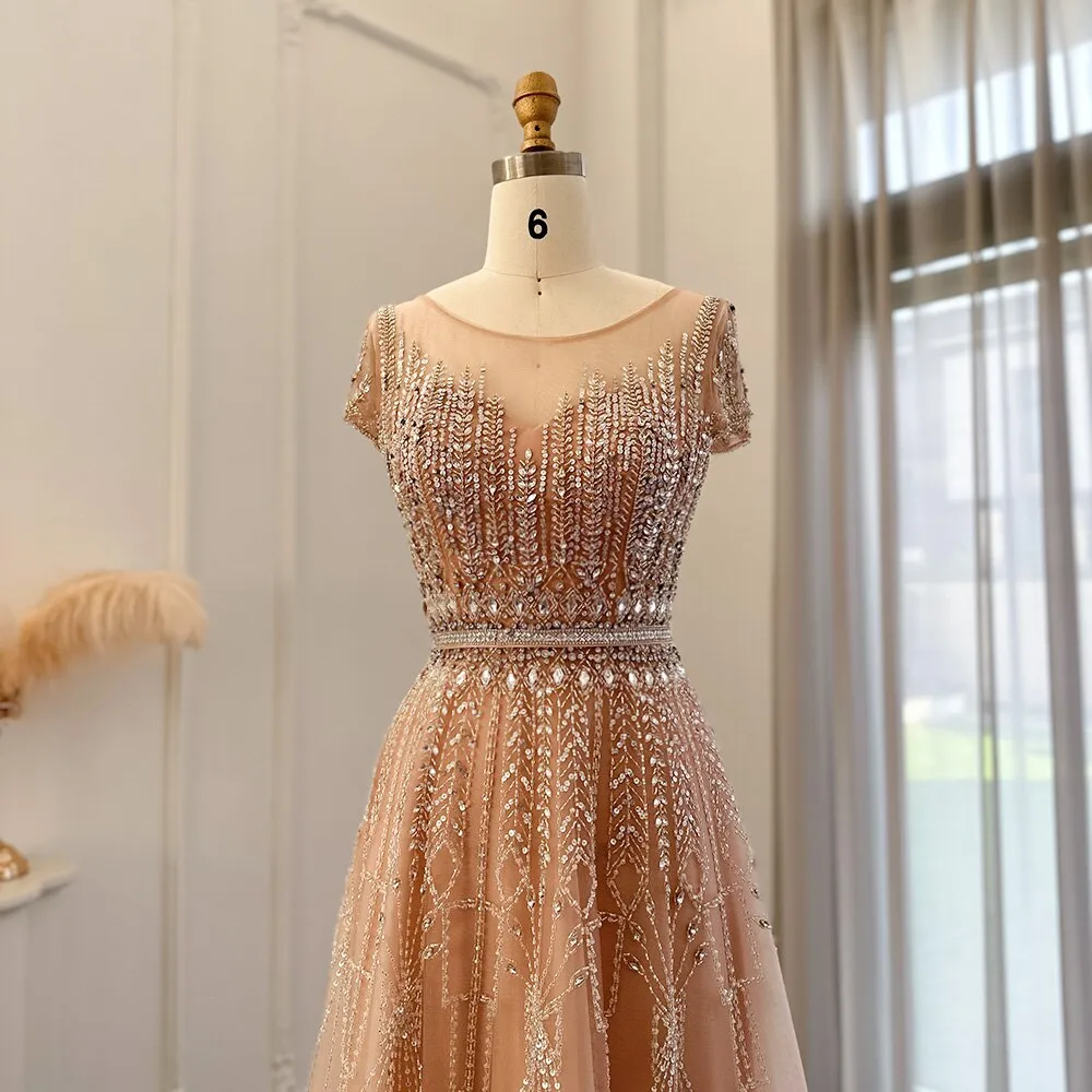 Luxury Beaded Pale Pink Short Sleeve Evening Dress SS059