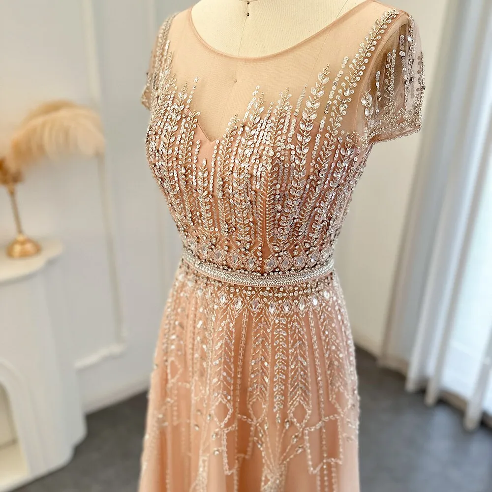 Luxury Beaded Pale Pink Short Sleeve Evening Dress SS059