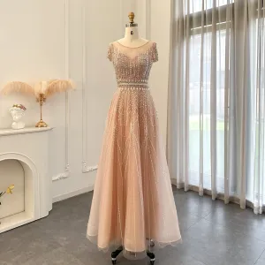 Luxury Beaded Pale Pink Short Sleeve Evening Dress SS059